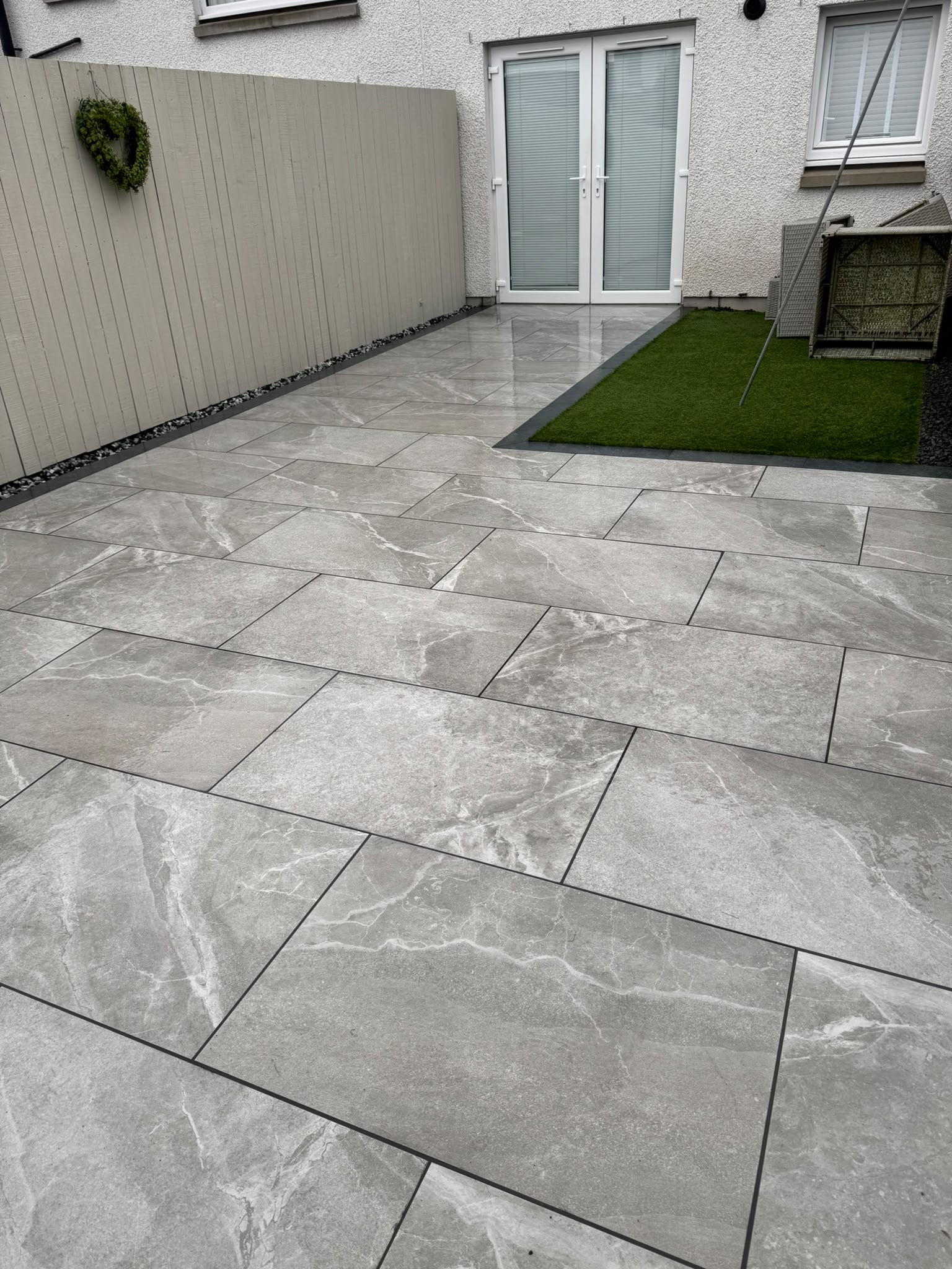 Grey Marble Porcelain Patio & Turf Border